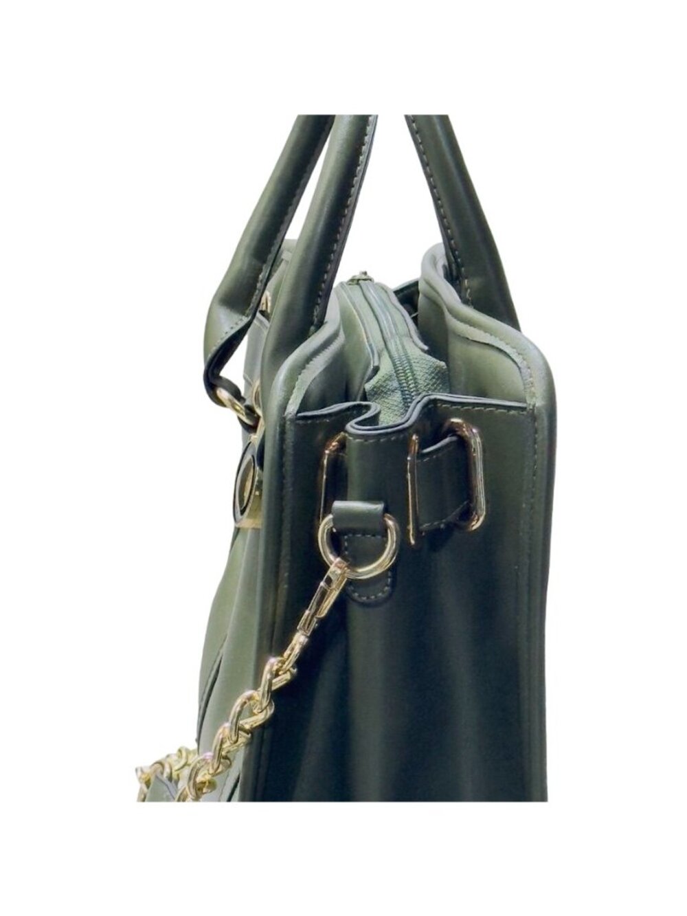 Dasein Vegan Leather Green Satchel Handbag With Gold Chain Strap Red Lining & Mu - Picture 13 of 13